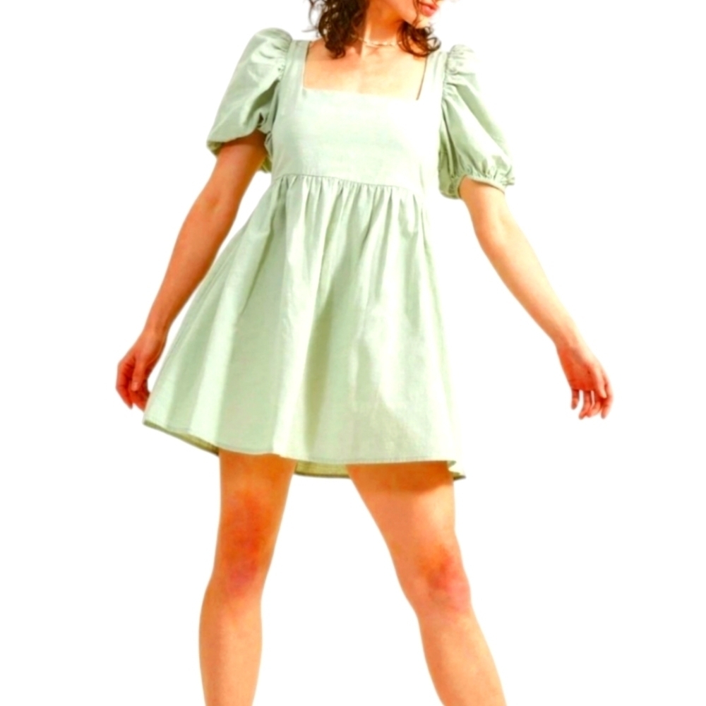 Nasty Gal Fit & Flare Mini Dress Sea Foam Green Puff Sleeves High Waist Sz 10